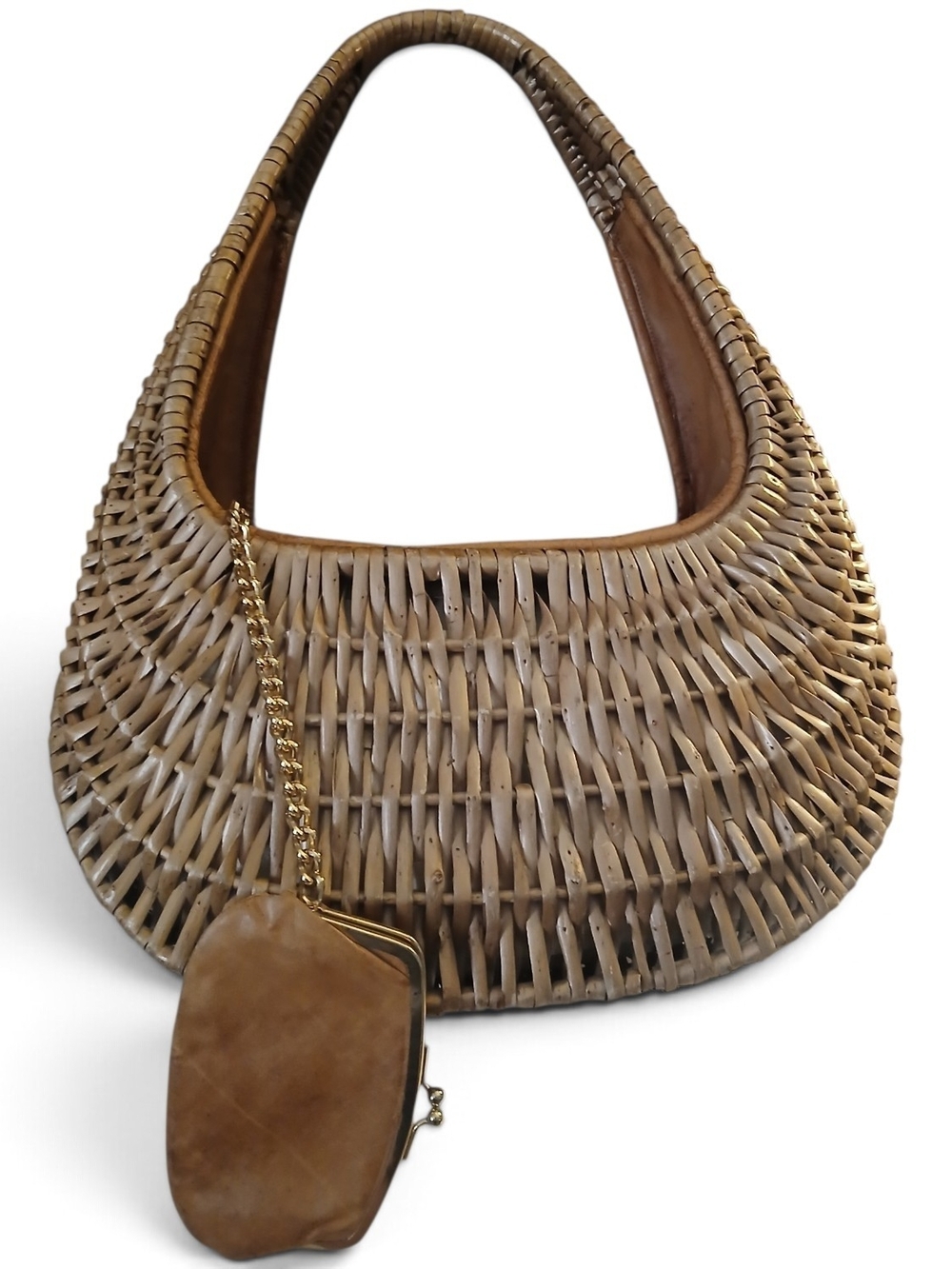 Vintage 1950s KORET Woven Rattan Bag with Chain Pouch Italy Very GIANT AND RARE